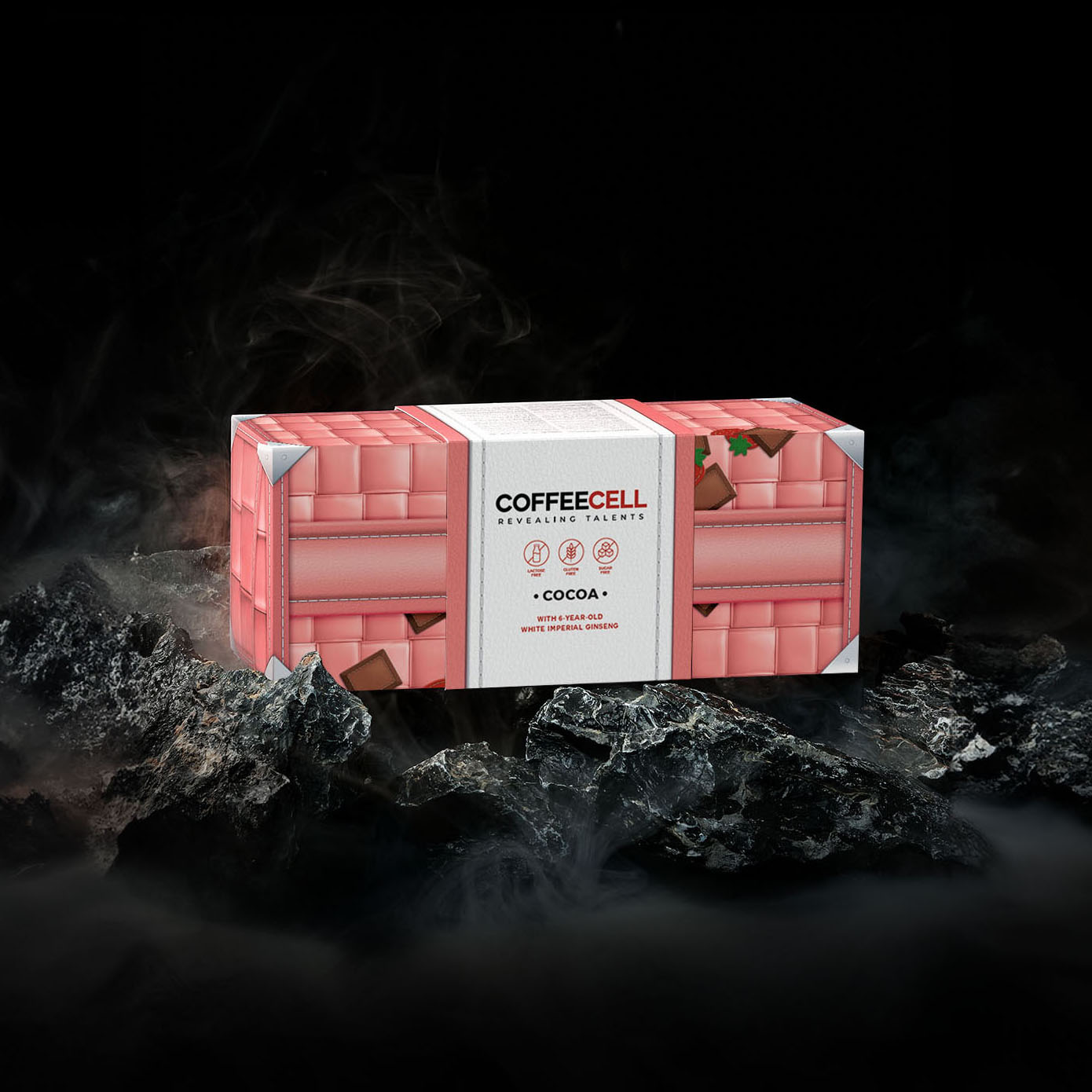 A pink box of COFFEECELL strawberry cocoa on rocks