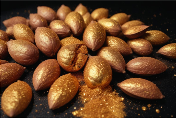 Cocoa beans dusted with gold powder