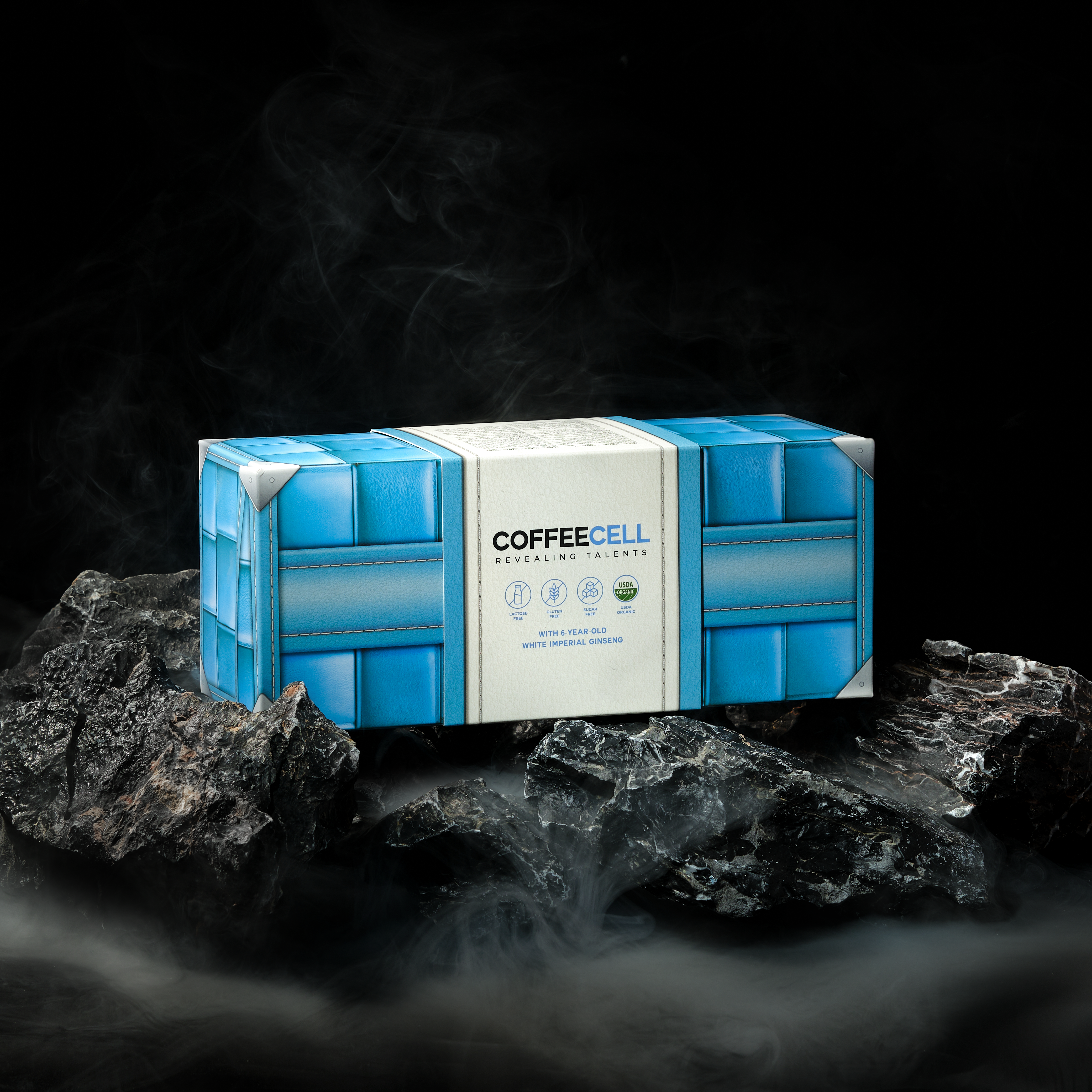 A blue box of COFFEECELL latte on rocks