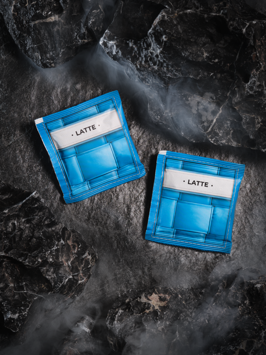 A blue sachets of COFFEECELL latte
