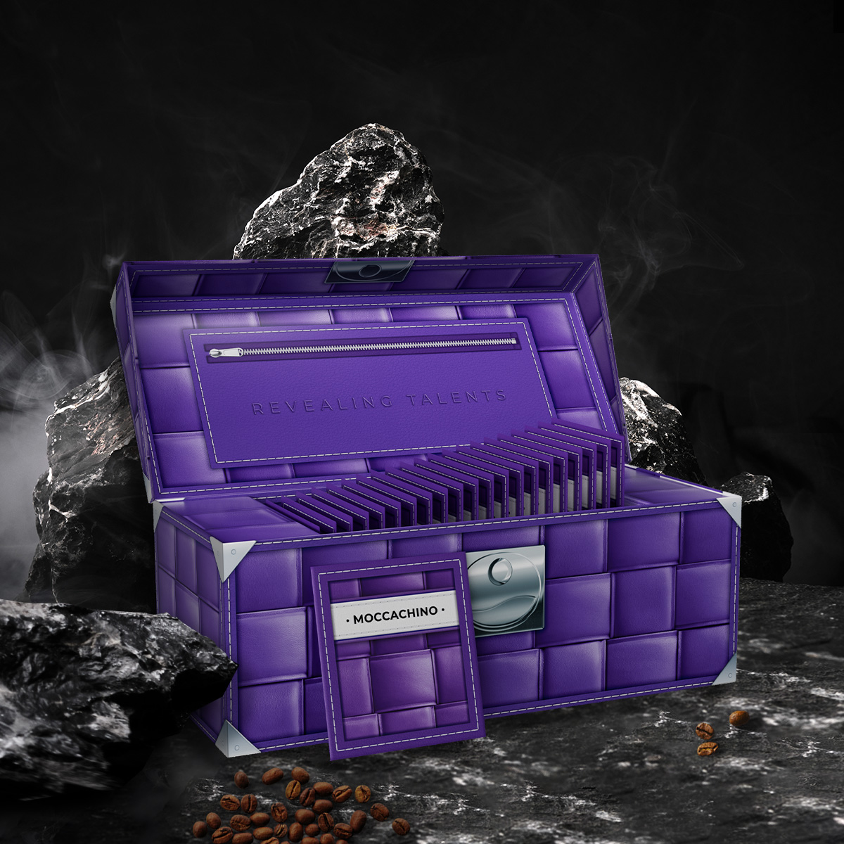 Открытая фиолетовая коробка COFFEECELL с моккачино