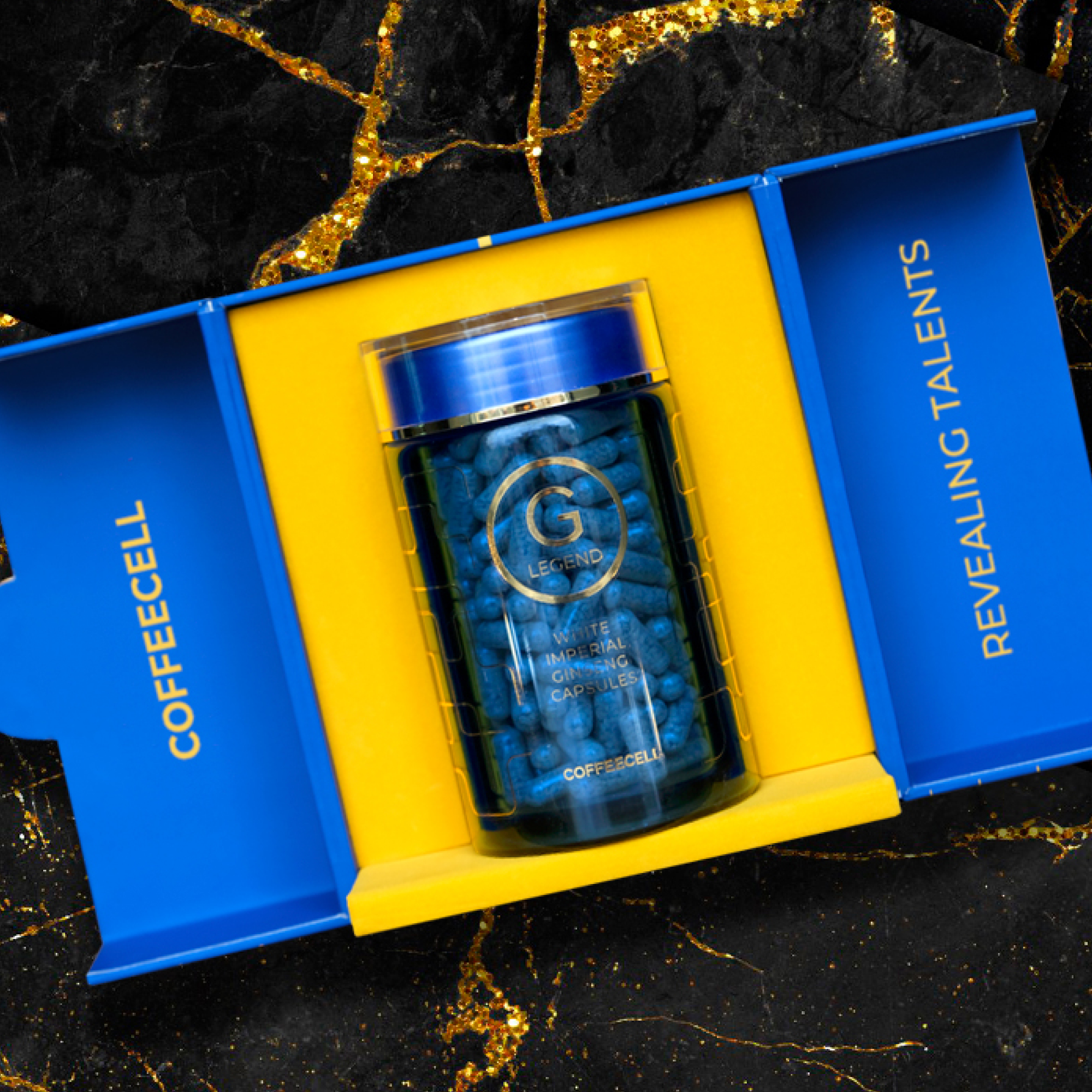 A blue box of COFFEECELL G LEGEND inside top view