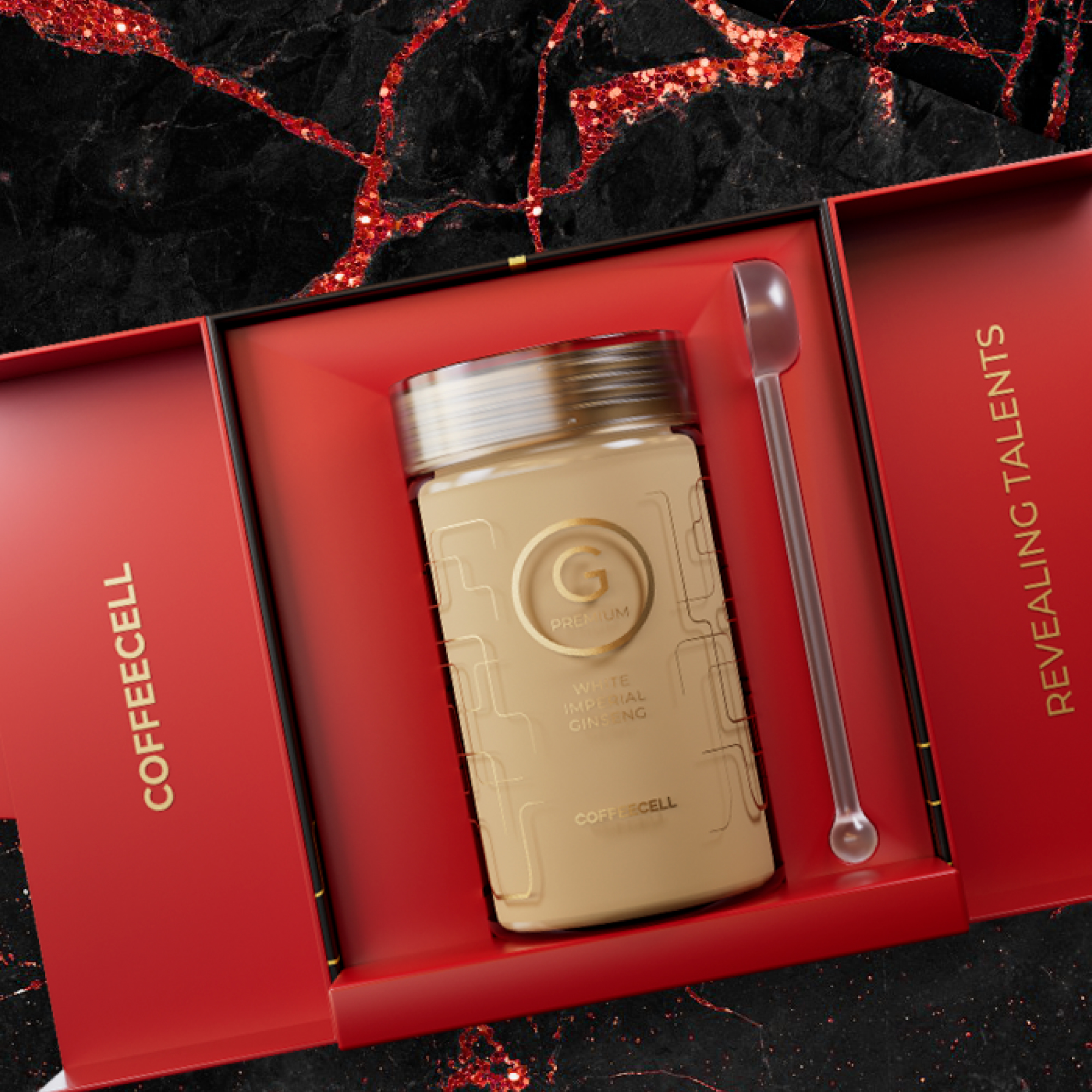 A black box of COFFEECELL G PREMIUM inside top view