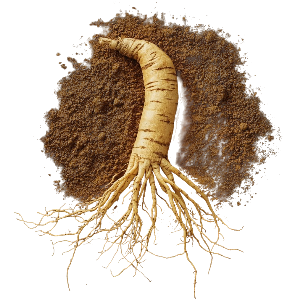 Ginseng root in a brown ginseng powder