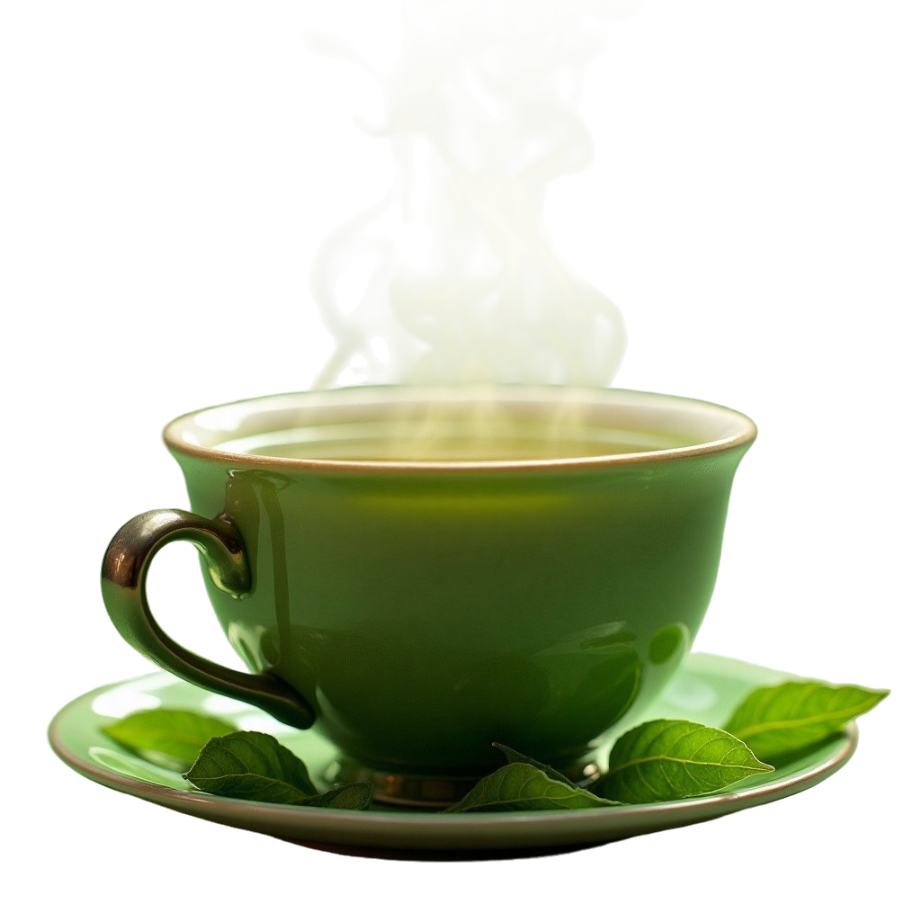 Green cup with green tea and tea leaves on a saucer