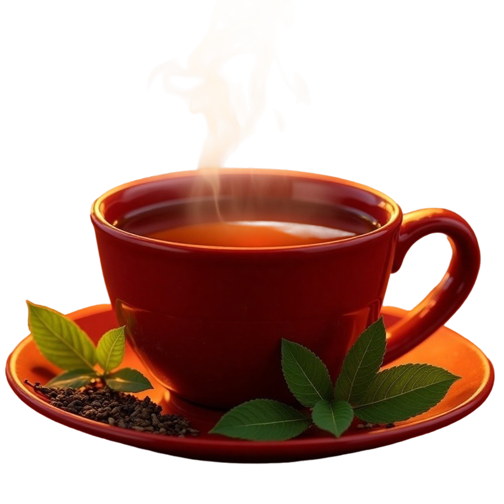 Красная чашка с черным чаем и чайными листиками на блюдце